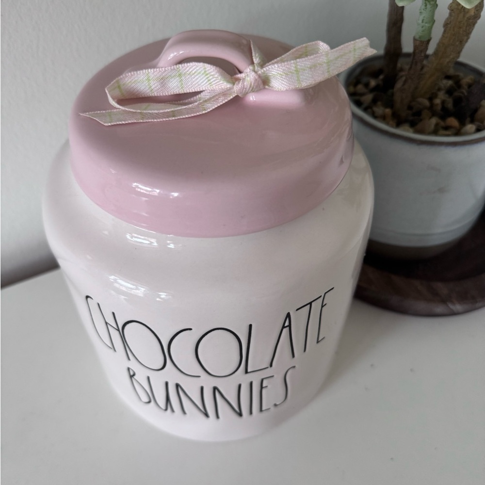NEW Rae Dunn Chocolate Bunnies Canister 8.5” Tall | Pink Lid - Picture 2 of 6